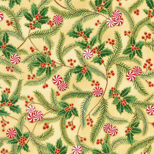 Robert Kaufman Fabrics Peppermint Twist “Peppermint Holly Cream” — cream background with holly leaves, berries, evergreen sprigs and red peppermint sweets, gold metallic accents.