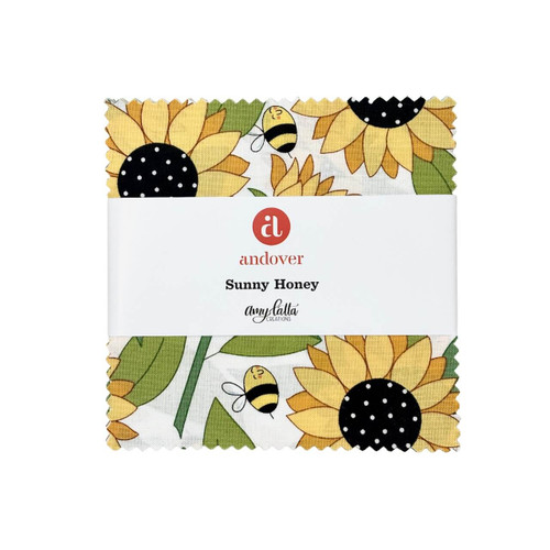 Amy Latta Sunny Honey charm squares by Andover Fabrics, sunflower and bee motifs in yellow, blue, green and black quilting cotton.