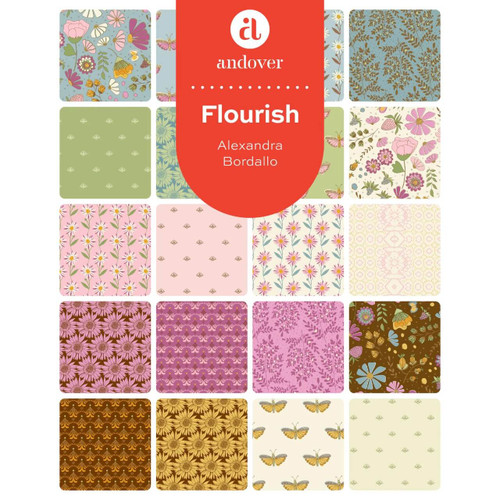 Flourish collection fabric samples by Alexandra Bordallo for Andover Fabrics, butterflies and floral prints in gentle modern colours.