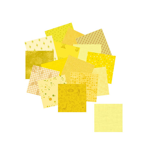 Morris Works Quilt Shop 2.5" mini charm squares, yellow quilting cotton prints in yellow and golden yellow tones