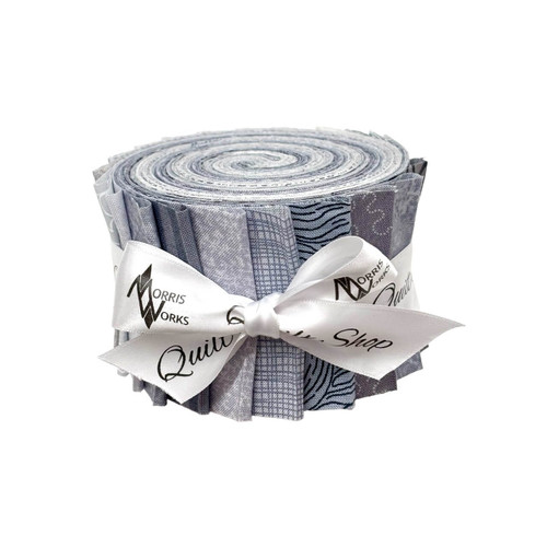 Morris Works Quilt Shop 2.5" strip roll, grey quilting cotton prints in mixed tones