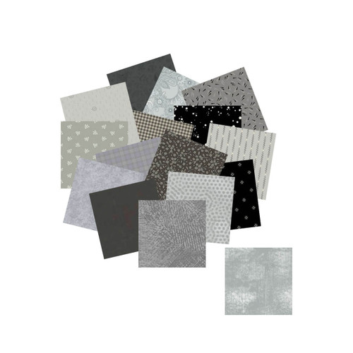 Morris Works Quilt Shop 2.5" mini charm squares, grey and black quilting cotton prints