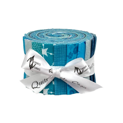 Morris Works Quilt Shop 2.5" strip roll, teal and aqua quilting cotton prints in sea green, teal, aqua and cyan tones
