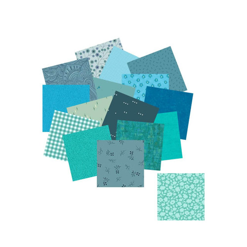 Morris Works Quilt Shop 2.5" mini charm squares, teal and aqua quilting cotton prints in sea green, teal, aqua and cyan tones