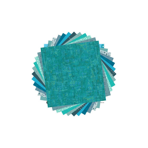Morris Works Quilt Shop 5" charm squares, teal and aqua quilting cotton prints in sea green, teal, aqua and cyan tones