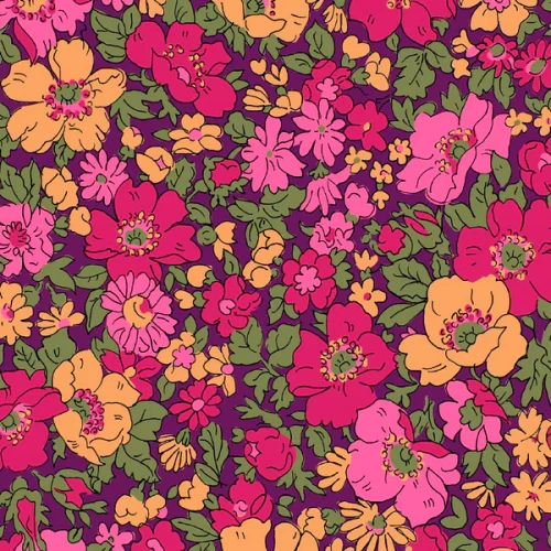 Liberty Wide Width collection Cosmos Park A red floral cotton fabric with blush and cream flowers on a deep red background