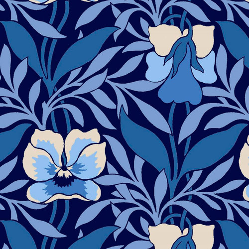 Liberty Wide Width collection Pansy Meadow C cotton fabric with blue and ivory pansy flowers and foliage on a deep navy background
