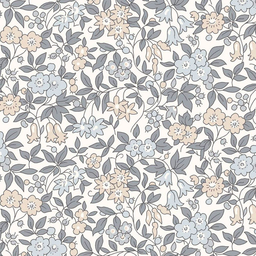 Liberty Wide Width collection Trailing Blossoms B cotton fabric with soft grey, blue and beige floral motifs on an ivory background