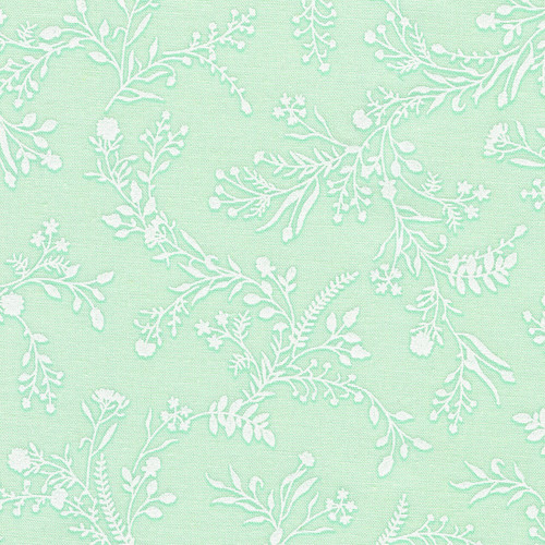 Robert Kaufman Alabaster Hues Stretch in Mint fabric with white trailing botanical motifs on a soft mint green background