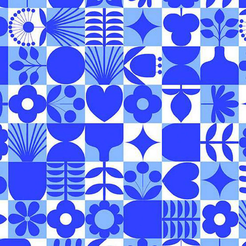 Cityscape in Delftware fabric with blue and white tiled motifs inspired by Dutch Delftware and modern geometric design
