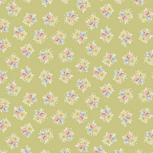 Makower UK Petite Fleur Posy Green fabric featuring small cream floral posies with pastel blue, pink and yellow details on green cotton