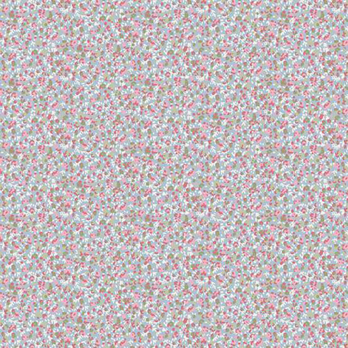 Makower UK Petite Fleur Petals Blue fabric featuring a tiny scattered petal design in cream, pink and green on blue cotton