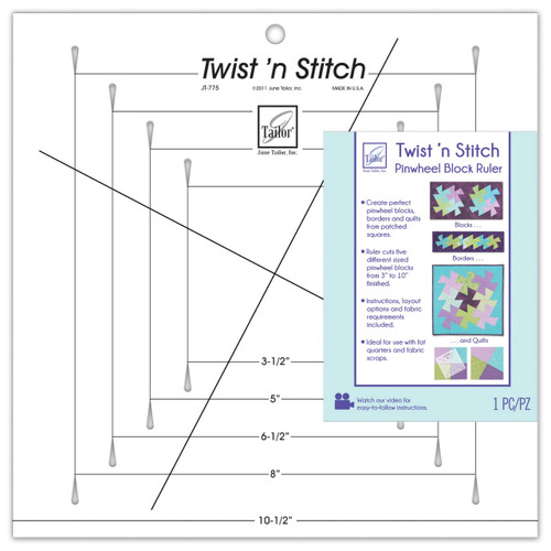 Packaging of the June Tailor Twist 'n Stitch Pinwheel Block Ruler, detailing its ability to create perfect pinwheel blocks for quilts with clear measurement markings for various sizes, along with a visual guide and instructional video QR code.