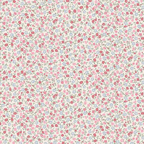 Makower UK Petite Fleur Ditzy Pink fabric with small pink and blue ditsy floral motif on cream cotton background