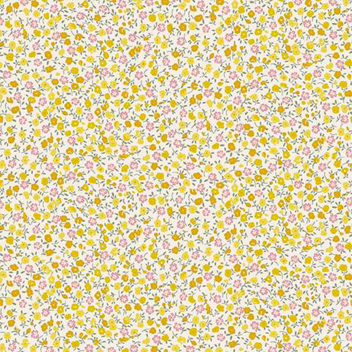 Makower UK Petite Fleur Ditzy Yellow fabric with small yellow and pink ditsy floral motif on white cotton background