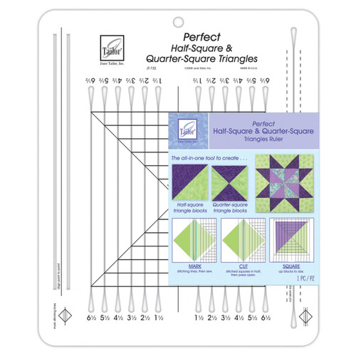 The June Tailor Perfect Half-Square & Quarter-Square Triangles Ruler, showcased with its packaging, which includes detailed diagrams and instructions for creating precise half-square and quarter-square triangle blocks for quilting.