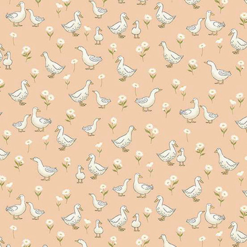 Makower UK Little Ones Ducks Coral fabric with illustrated ducks and daisy motifs on soft coral cotton print