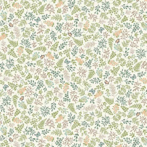 Makower UK Little Ones Foliage Cream fabric with delicate foliage and butterfly motifs in soft green and pastel tones on cream cotton