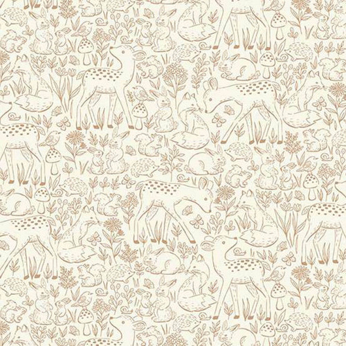 Makower UK Little Ones Etched Brown fabric with delicate woodland animals and foliage in soft brown linework on cream cotton