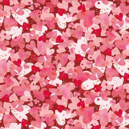 Robert Kaufman Charming Love Valentine fabric with layered pink and white heart motifs on red cotton