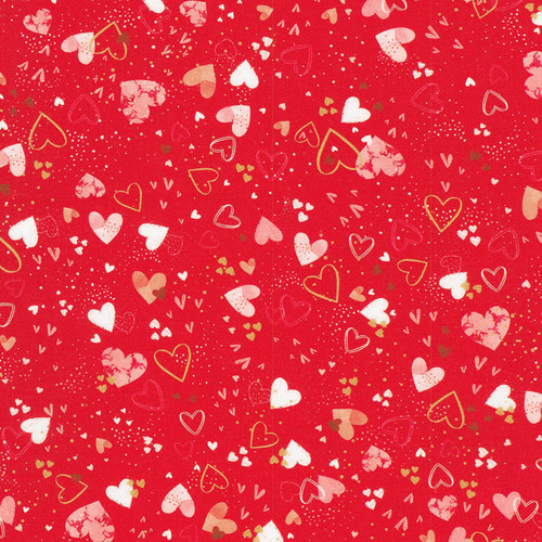 Robert Kaufman Charming Love Hearts fabric with scattered pink and cream heart motifs on red cotton