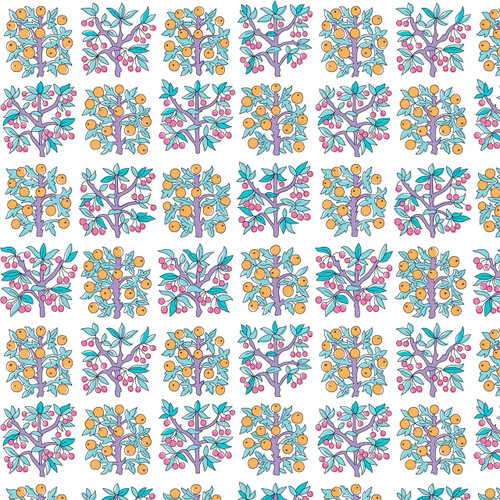 Liberty Gifts From The Garden Orchard Delights D neutral background with lavender orchard trees golden fruit and aqua leaves cotton quilting fabric