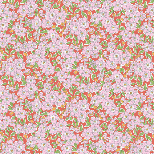 Liberty Gifts From The Garden Pink Flowering Blossoms coral background with pink floral blossoms green leaves and golden buds cotton quilting fabric