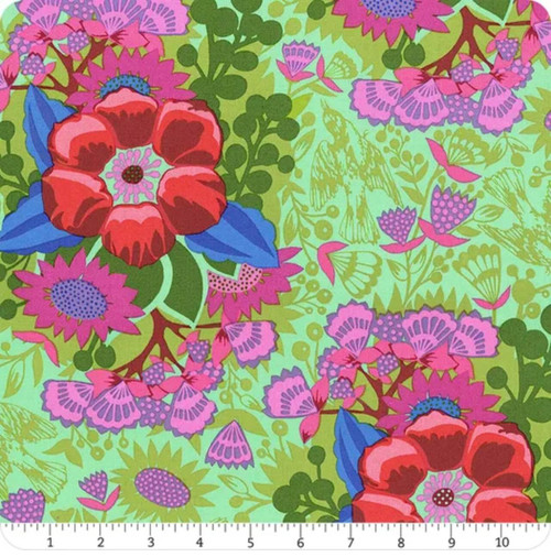 Northcott Fabrics Overdressed Limerick Centerpiece green pink floral cotton with ruler showing large-scale botanical motif in inches