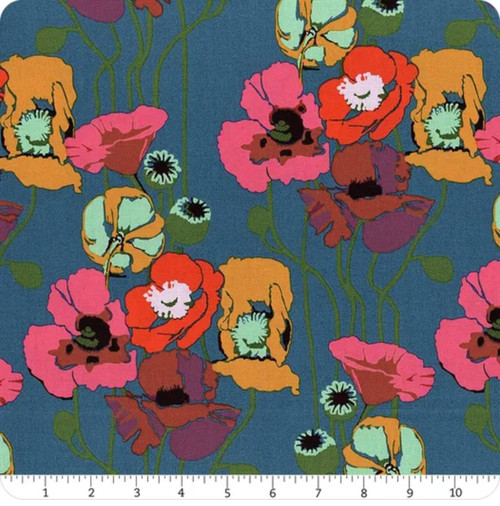 Northcott Fabrics Overdressed Paint Pouring Poppies teal poppy floral cotton with ruler showing large-scale vertical motif in inches
