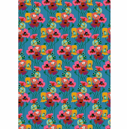 Northcott Fabrics Overdressed Paint Pouring Poppies teal and coral poppy floral quilting cotton showing full repeating pattern