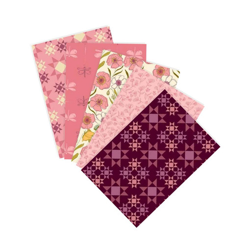 Meadow Walk Meadow fat quarter bundle showing five coordinating prints in blush pink, raspberry and floral designs including geometric star motifs and dragonflies