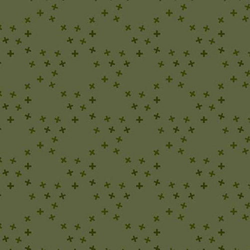 Andover Fabrics Moody Hues X Toss Moss quilting cotton with scattered green cross motif on moss green background