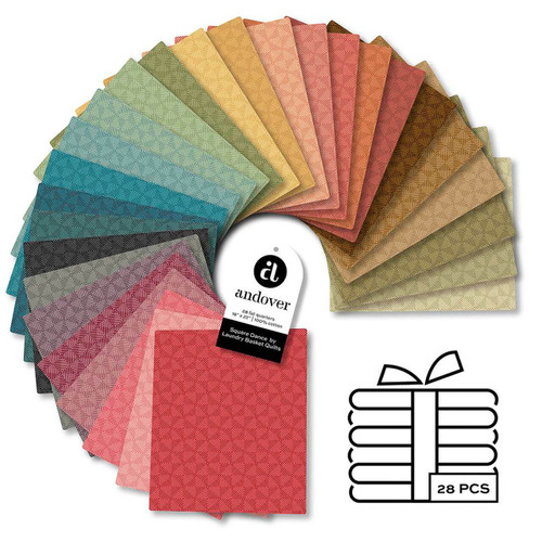 Square Dance Fat Quarter Bundle by Laundry Basket Quilts for Andover Fabrics showing 28 geometric textured quilting fabrics in teal, green, gold, pink, red and neutral tones.