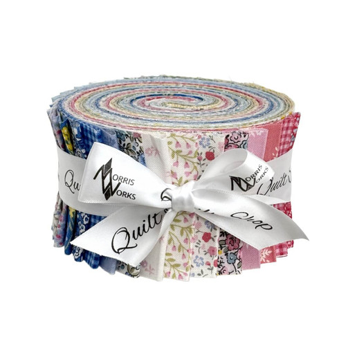 Petite Fleur strip roll with 30 coordinating floral fabric strips from Makower UK tied with Morris Works ribbon