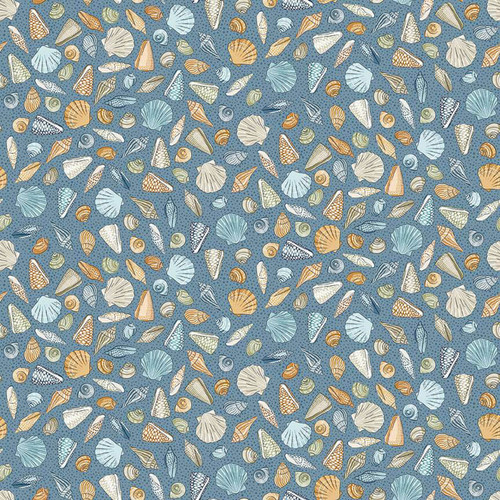 Mid blue fabric with a seashell pattern from the High Tide Collection by Makower Fabrics