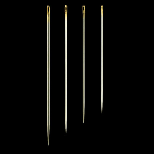 Close-up of four Clover Gold Eye Milliner’s needles in different sizes, showing long slender shafts and gold-plated elliptical eyes against a black background.