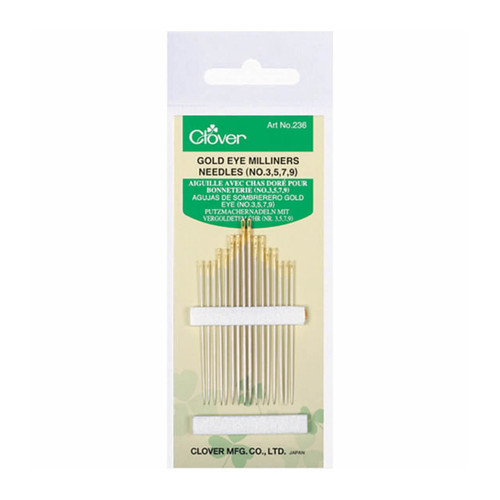 Clover Gold Eye Milliner’s Needles (sizes 3–9) in original packaging, displaying 16 assorted needles with gold eyes arranged neatly on a card.