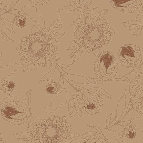 Andover Fabrics Color Me Whispered Protea Whisper Mocha brown and beige cotton fabric with line-drawn protea flowers and foliage