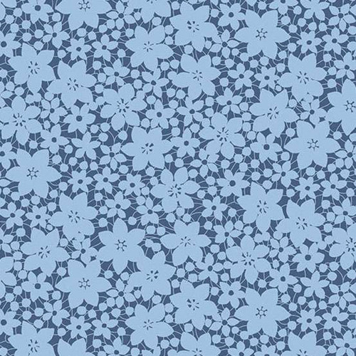 Andover Fabrics Color Me Whispered Laced Blooms Blue Cotton floral fabric with pale blue flowers on a deep blue background