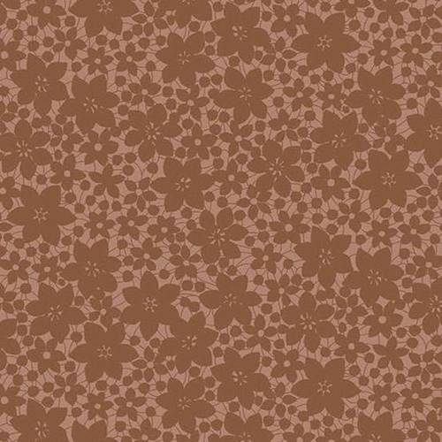 Andover Fabrics Color Me Whispered Laced Blooms Mocha cotton fabric with dark brown floral lace pattern on a warm mocha background