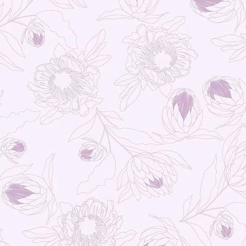 Andover Fabrics Color Me Whispered Protea Whisper Periwinkle cotton fabric with line-drawn protea flowers and soft purple-blue accents