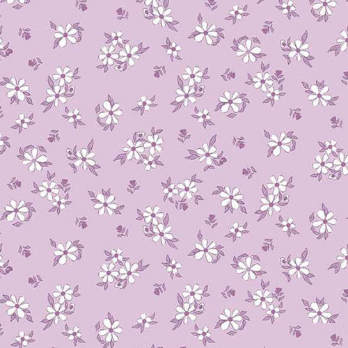 Andover Fabrics Color Me Whispered Treasure Blooms Periwinkle cotton fabric with small lavender floral clusters on a soft periwinkle background
