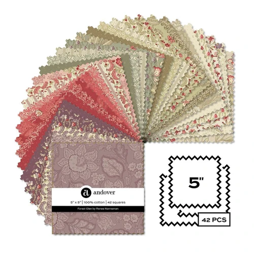 Forest Glen charm pack by Andover Fabrics showing 42 pre-cut 5 inch floral fabric squares in red, green, cream and mauve tones