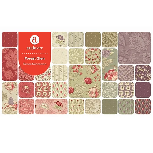 Forest Glen fabric swatch layout by Andover Fabrics featuring a variety of floral and blender prints in red, sage green, cream and mauve tones arranged in a grid with collection branding