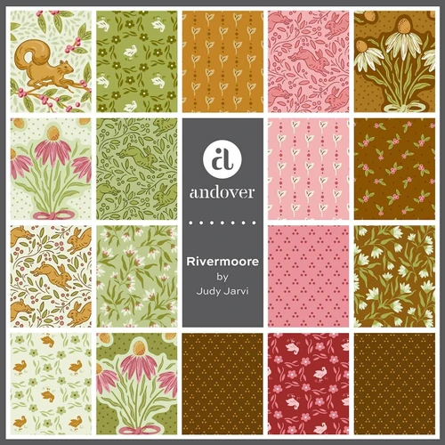 Rivermoore fabric collection by Andover Fabrics displayed as a grid of prints featuring squirrels, rabbits, florals and foliage in green, pink and earthy tones