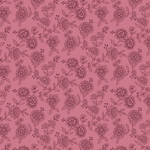 Close-up of Trail Red fabric from the Revival Collection by Makower Fabrics, featuring intricate floral patterns on a warm red background.