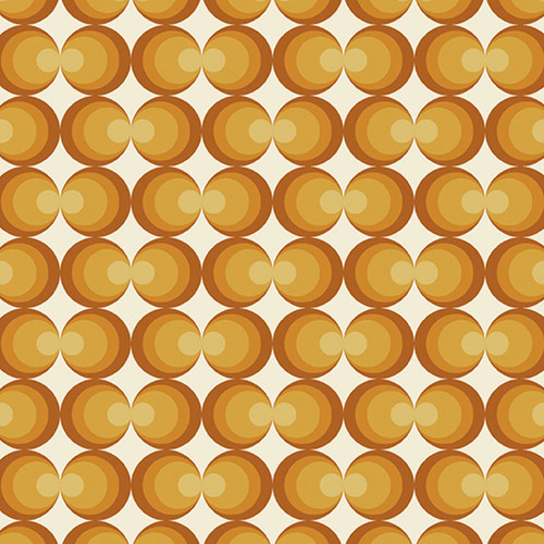Ginger Orbs fabric from the Birdie collection by Libs Elliott featuring a retro geometric pattern in golden ginger tones.