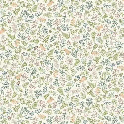 Makower UK Little Ones Foliage Cream fabric with delicate foliage and butterfly motifs in soft green and pastel tones on cream cotton