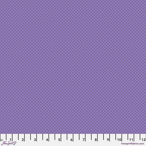 Free Spirit True Colors On the Grid Mysterious fabric featuring a black crosshatch grid on a rich violet-purple background.