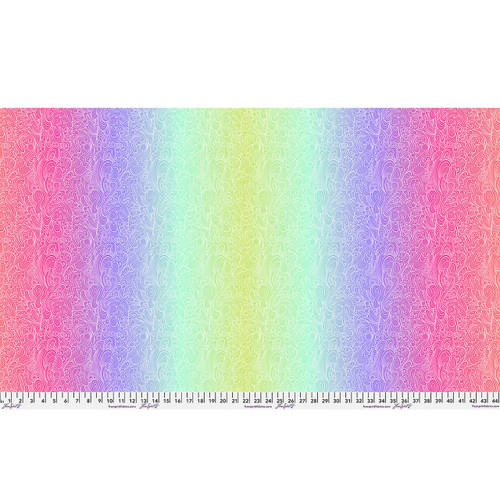 Full Width view of Free Spirit Floral Reef Riptide DeepDive fabric featuring swirling pastel bands in pink, purple, aqua, blue, and green abstract motifs.